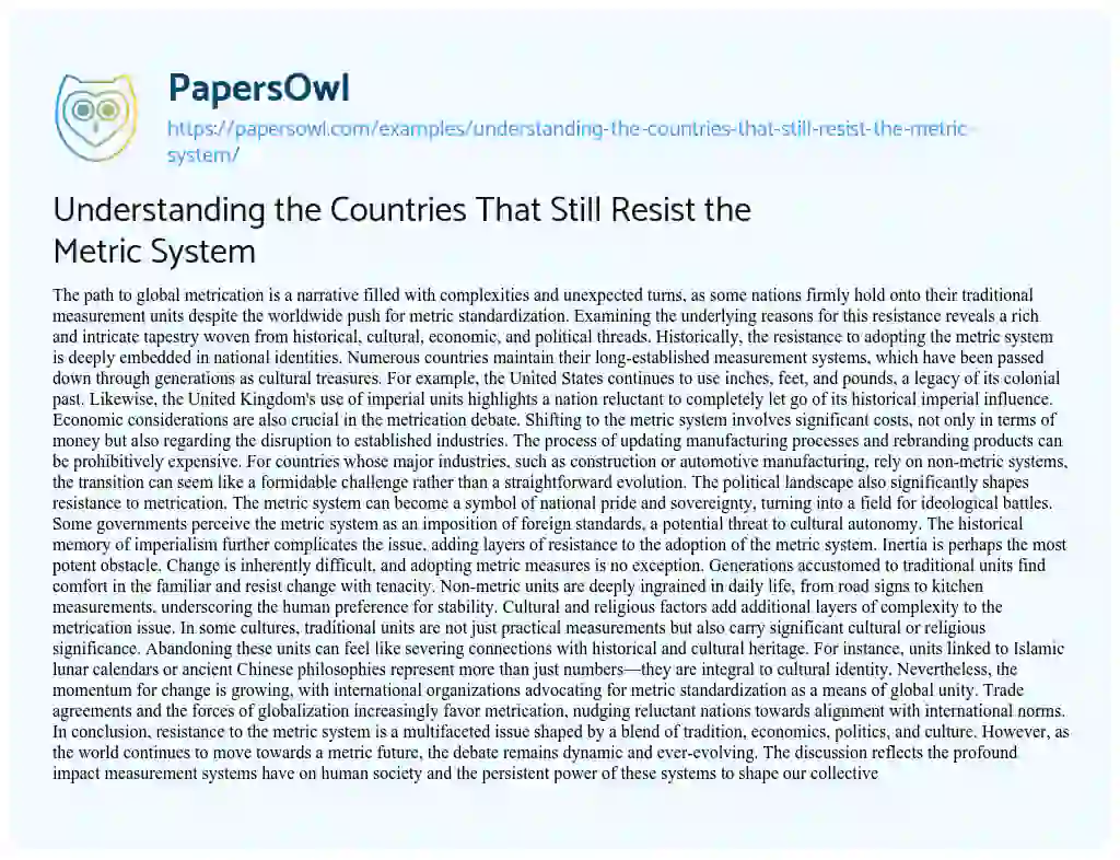 Essay on Understanding the Countries that Still Resist the Metric System