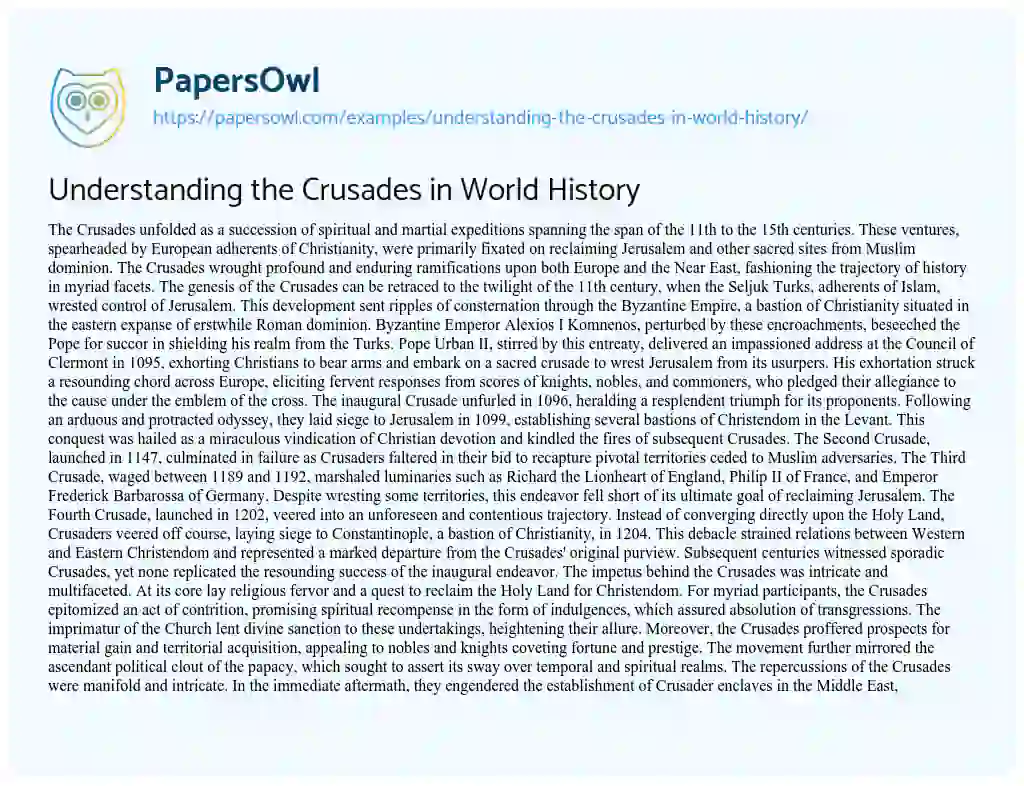 Essay on Understanding the Crusades in World History