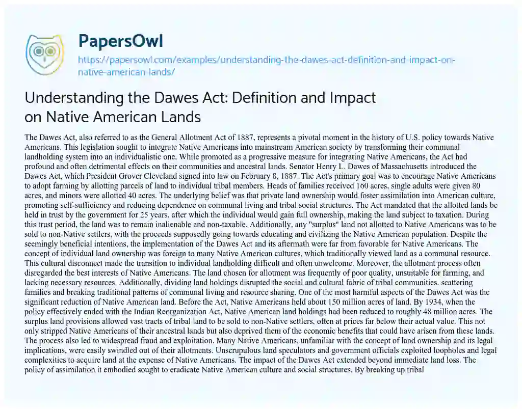 Essay on Understanding the Dawes Act: Definition and Impact on Native American Lands