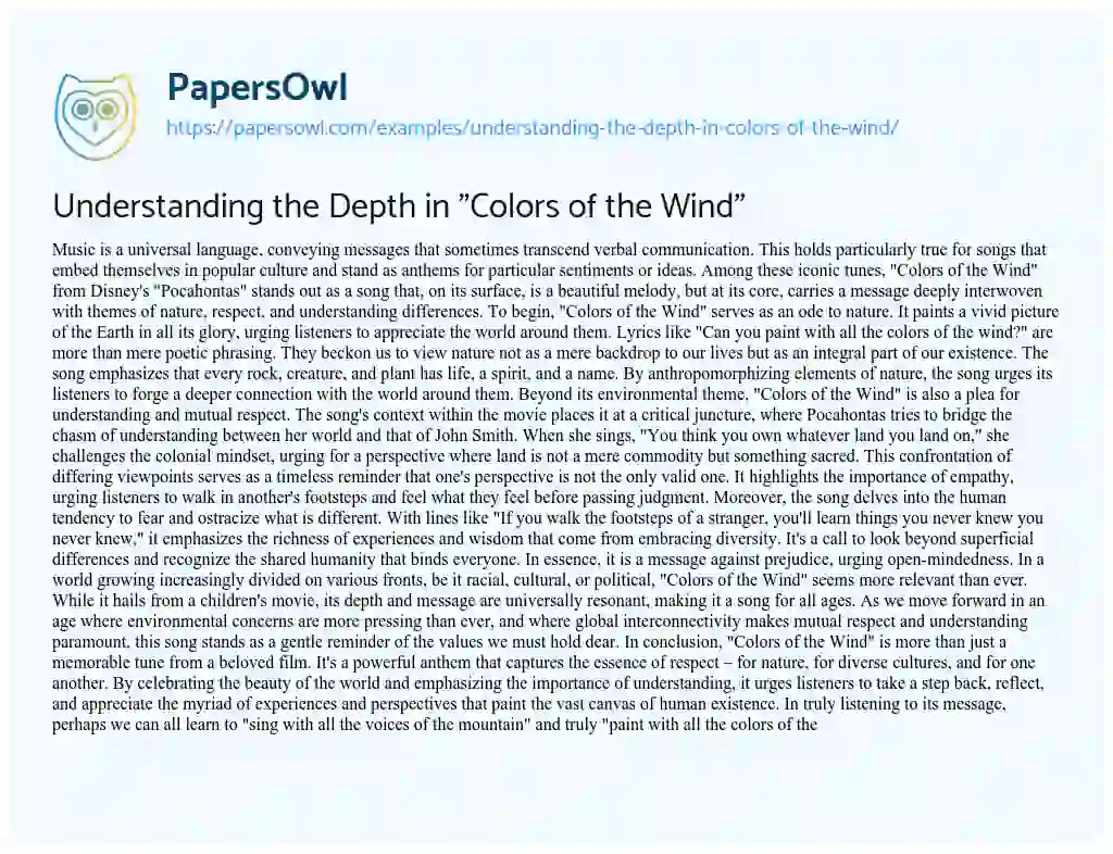 Essay on Understanding the Depth in “Colors of the Wind”