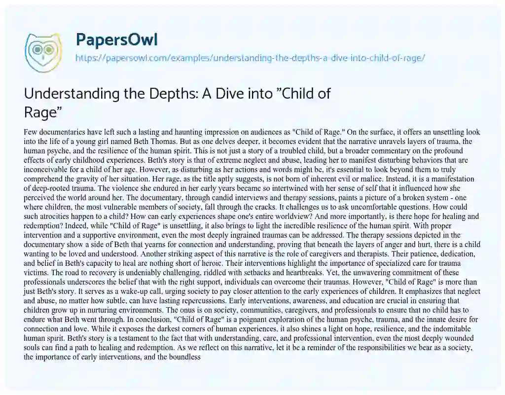 Essay on Understanding the Depths: a Dive into “Child of Rage”