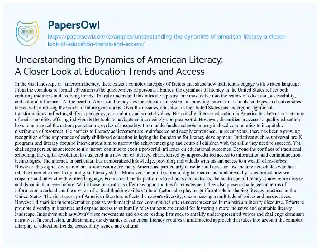 Essay on Understanding the Dynamics of American Literacy: a Closer Look at Education Trends and Access