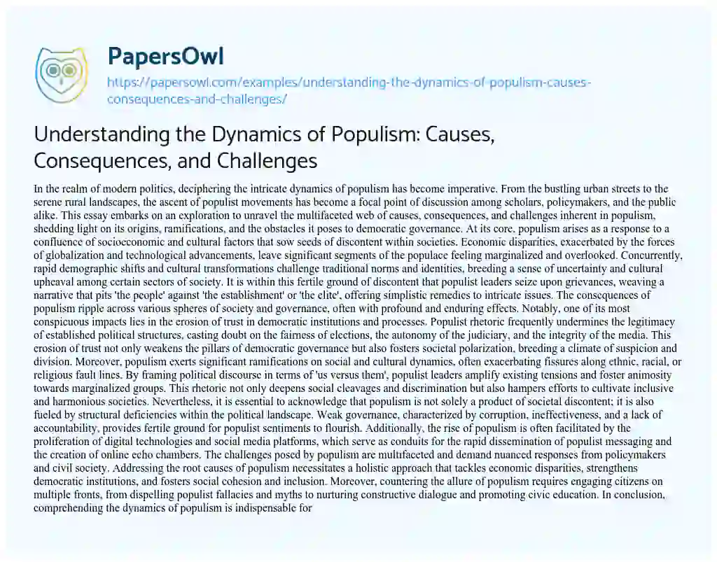 Essay on Understanding the Dynamics of Populism: Causes, Consequences, and Challenges