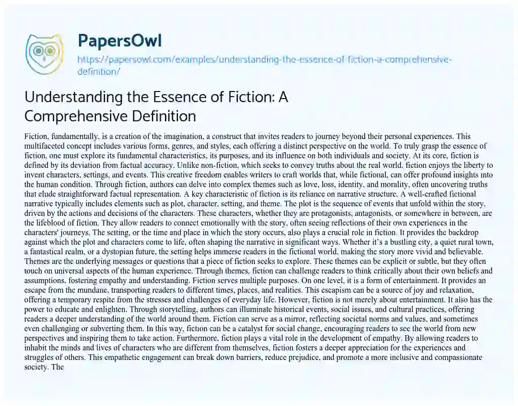 Essay on Understanding the Essence of Fiction: a Comprehensive Definition
