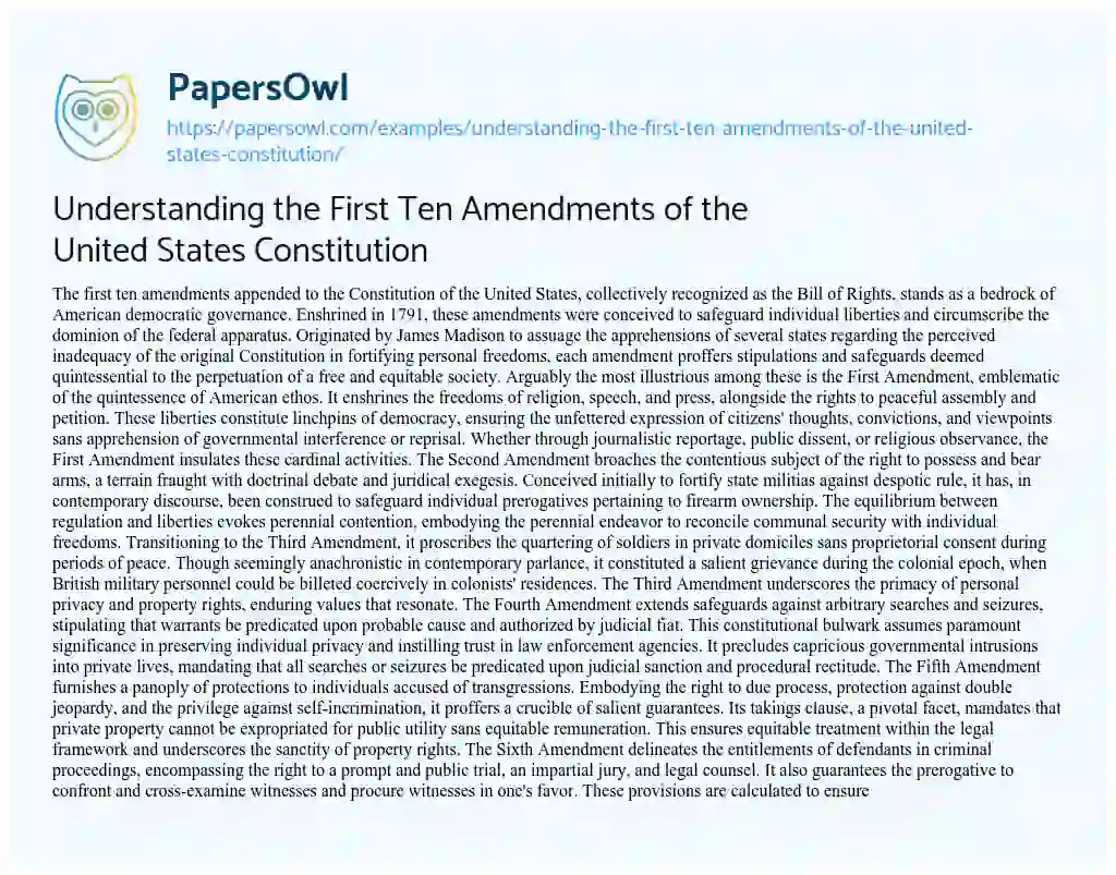 Essay on Understanding the First Ten Amendments of the United States Constitution