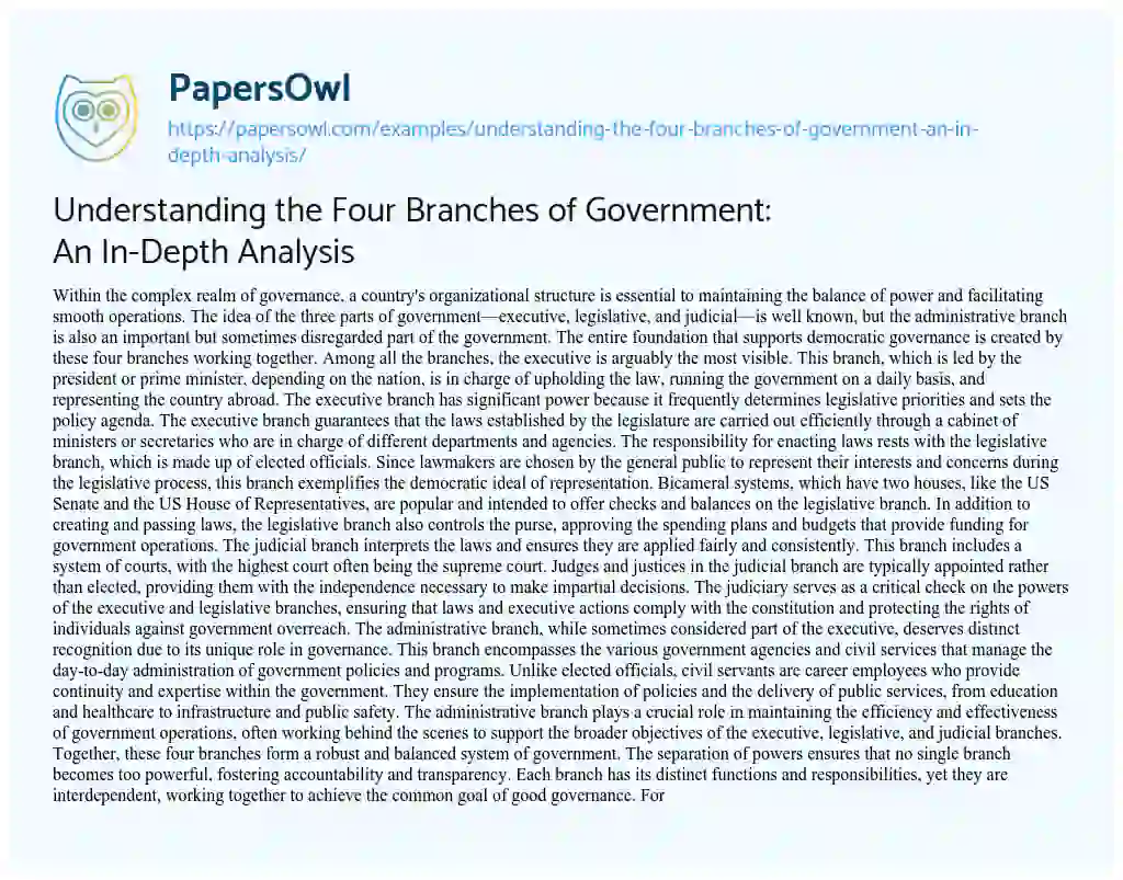 Essay on Understanding the Four Branches of Government: an In-Depth Analysis