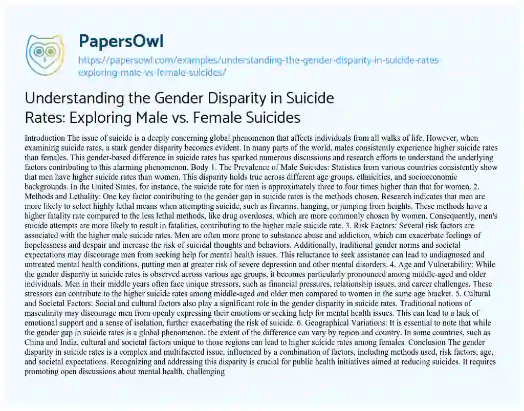 Essay on Understanding the Gender Disparity in Suicide Rates: Exploring Male Vs. Female Suicides