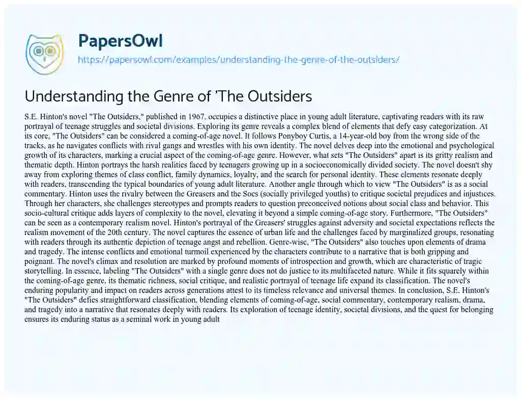 Essay on Understanding the Genre of ‘The Outsiders