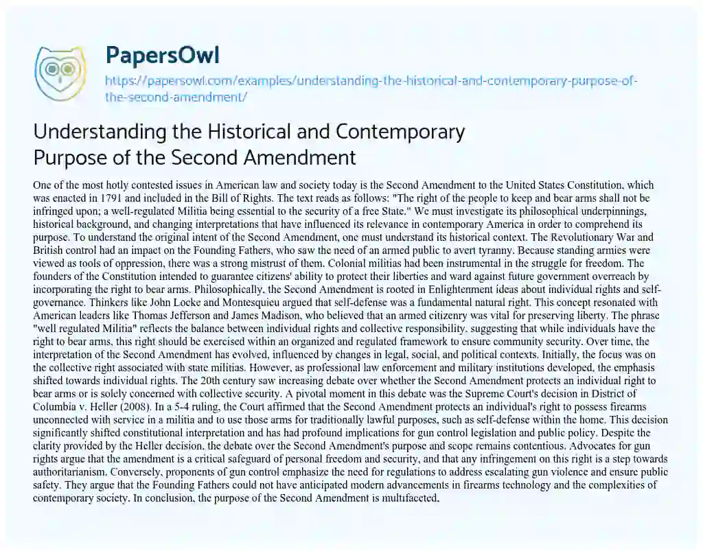 Essay on Understanding the Historical and Contemporary Purpose of the Second Amendment
