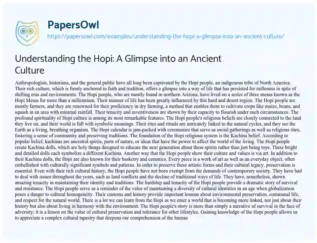 Essay on Understanding the Hopi: a Glimpse into an Ancient Culture