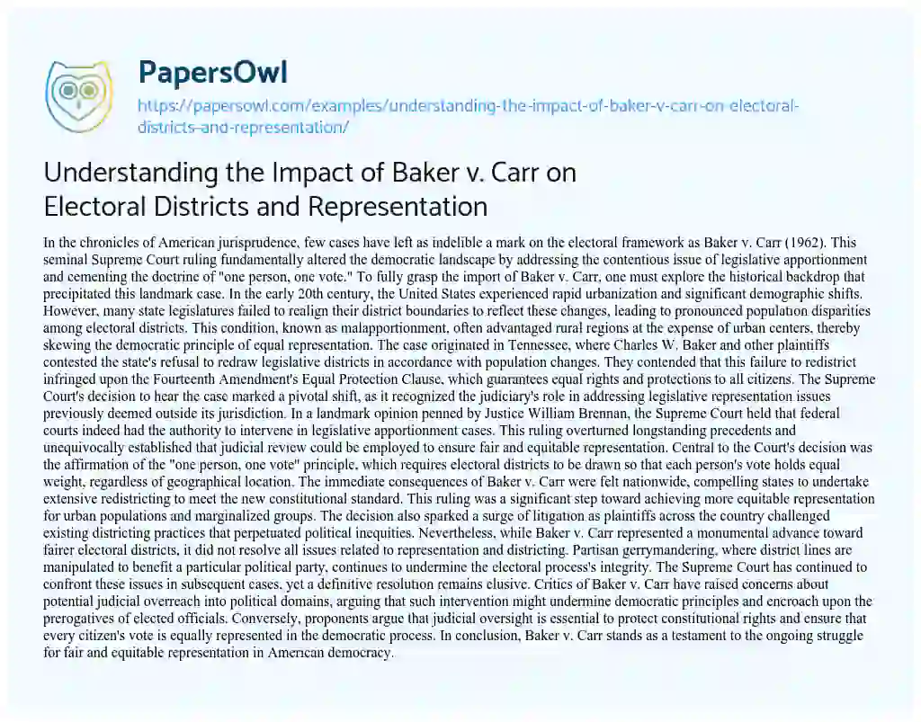 Essay on Understanding the Impact of Baker V. Carr on Electoral Districts and Representation