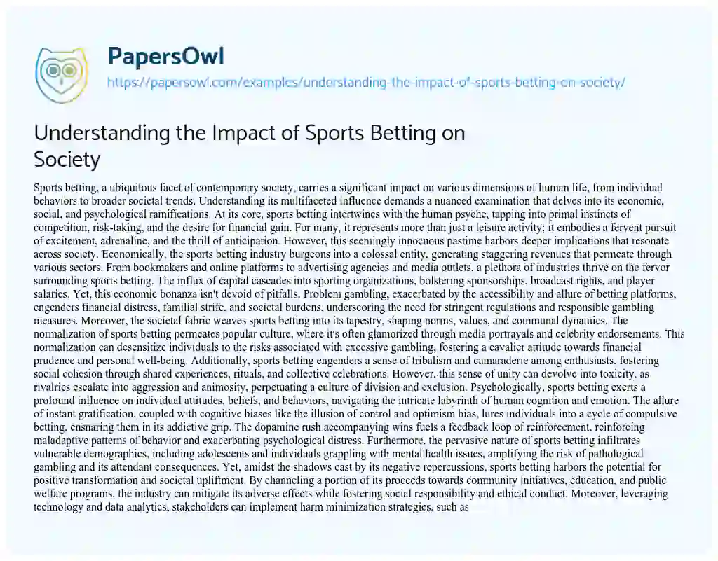 Essay on Understanding the Impact of Sports Betting on Society