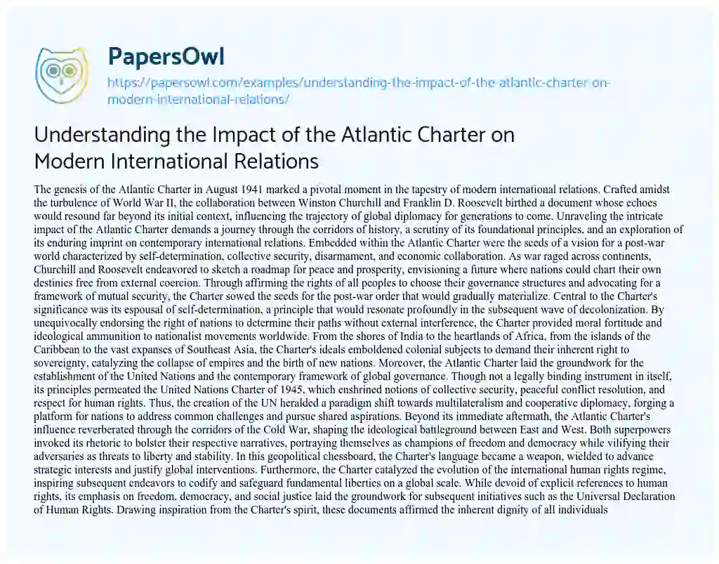 Essay on Understanding the Impact of the Atlantic Charter on Modern International Relations