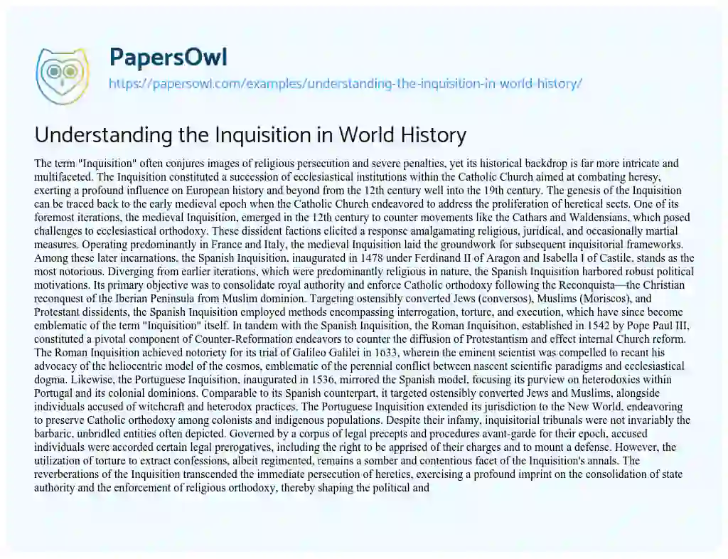 Essay on Understanding the Inquisition in World History