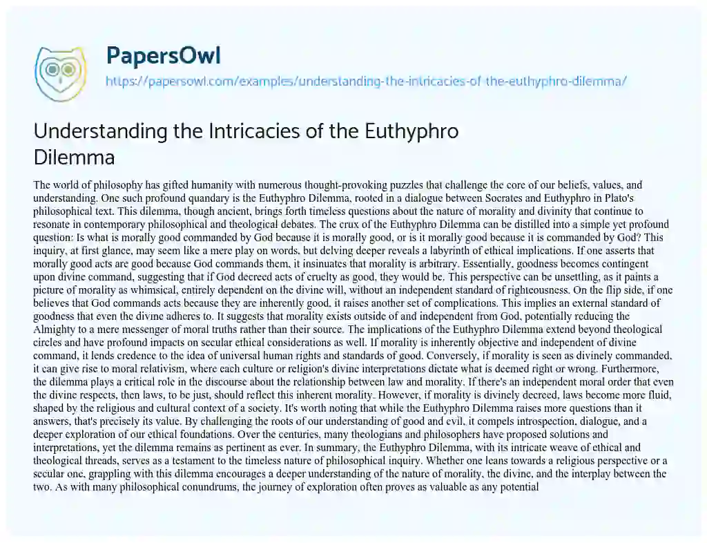 Essay on Understanding the Intricacies of the Euthyphro Dilemma