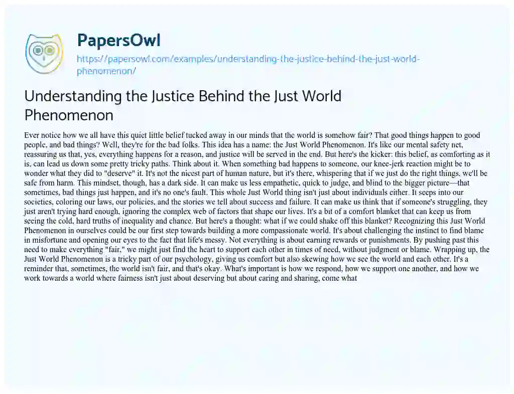Essay on Understanding the Justice Behind the Just World Phenomenon