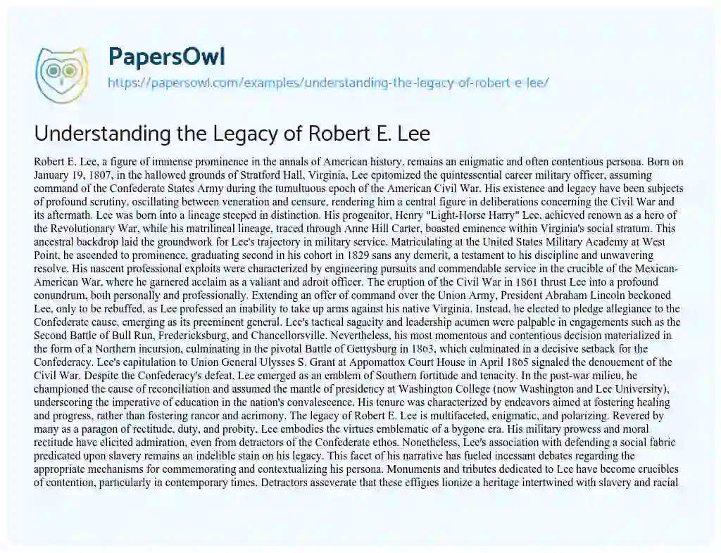 Essay on Understanding the Legacy of Robert E. Lee
