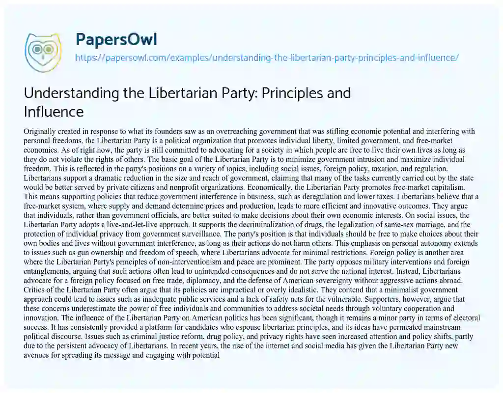 Essay on Understanding the Libertarian Party: Principles and Influence