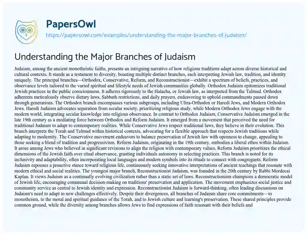 Essay on Understanding the Major Branches of Judaism
