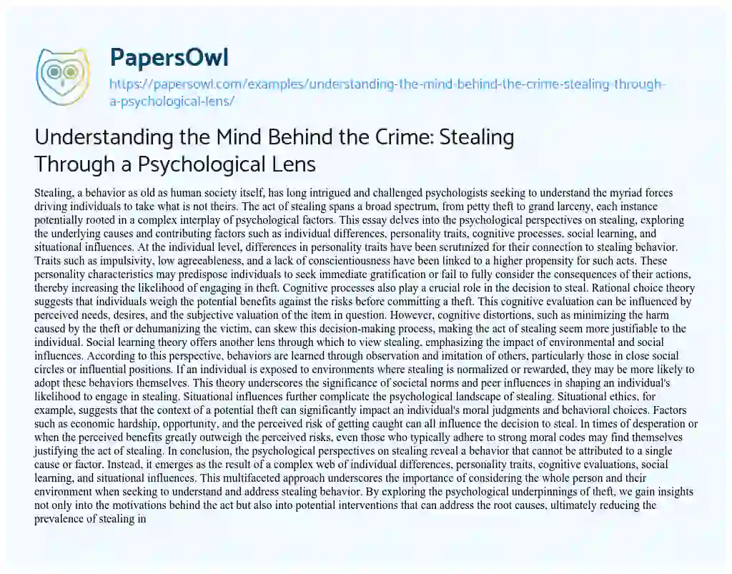 Essay on Understanding the Mind Behind the Crime: Stealing through a Psychological Lens