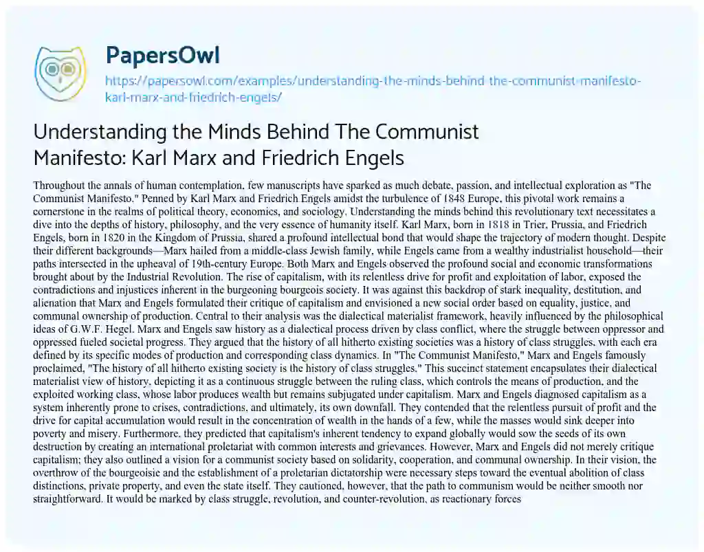 Essay on Understanding the Minds Behind the Communist Manifesto: Karl Marx and Friedrich Engels