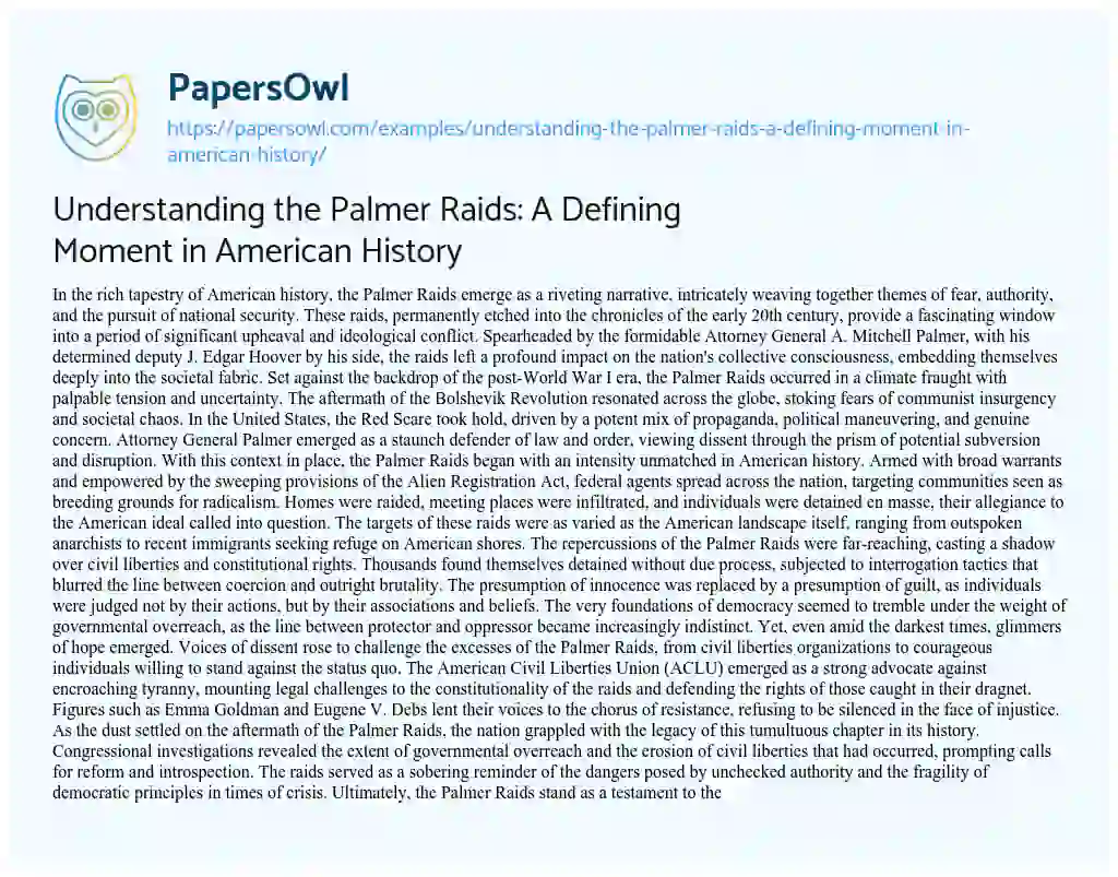 Essay on Understanding the Palmer Raids: a Defining Moment in American History