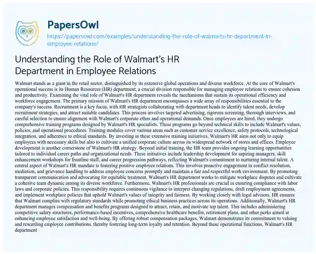 Essay on Understanding the Role of Walmart’s HR Department in Employee Relations