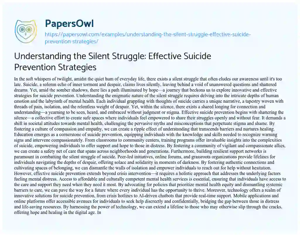 Essay on Understanding the Silent Struggle: Effective Suicide Prevention Strategies