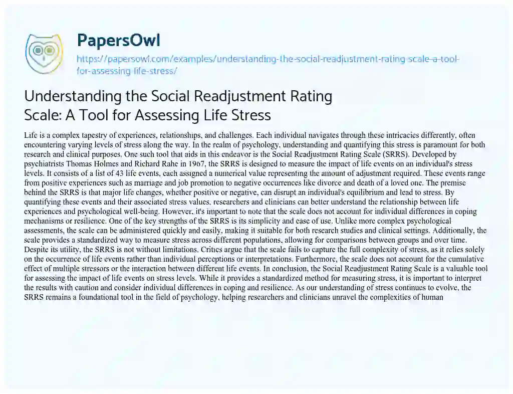 Essay on Understanding the Social Readjustment Rating Scale: a Tool for Assessing Life Stress