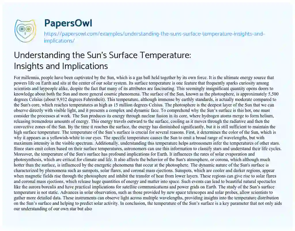 Essay on Understanding the Sun’s Surface Temperature: Insights and Implications