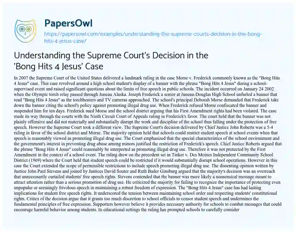 Essay on Understanding the Supreme Court’s Decision in the ‘Bong Hits 4 Jesus’ Case