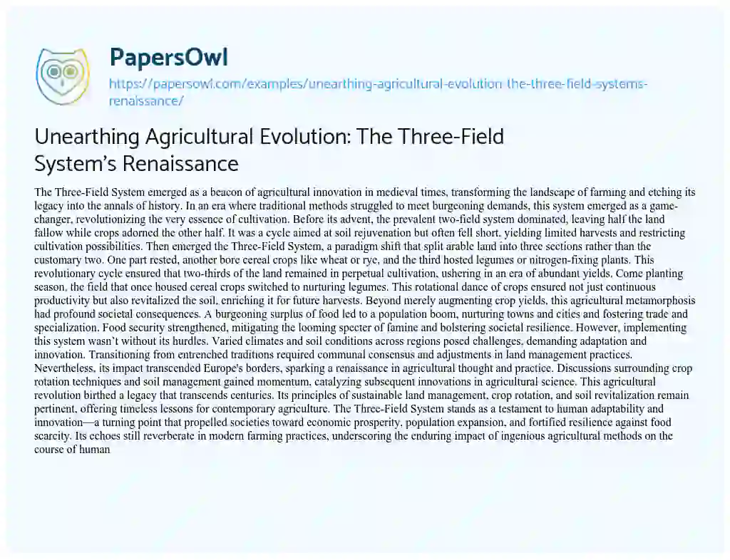 Essay on Unearthing Agricultural Evolution: the Three-Field System’s Renaissance