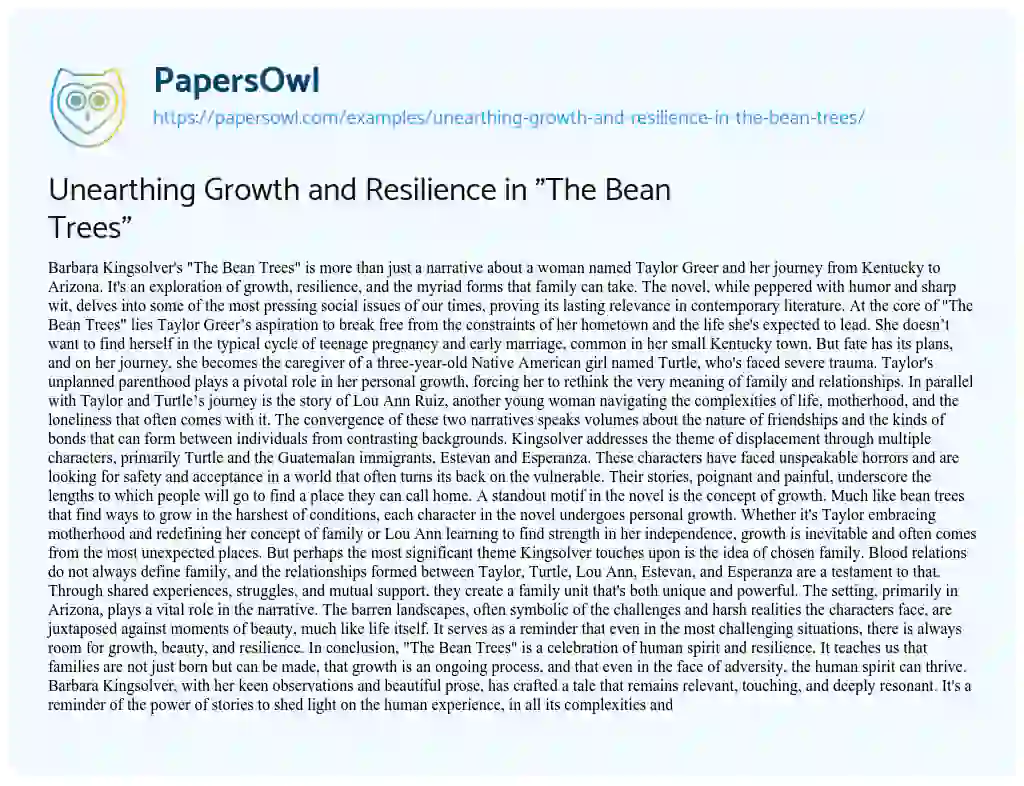 Essay on Unearthing Growth and Resilience in “The Bean Trees”