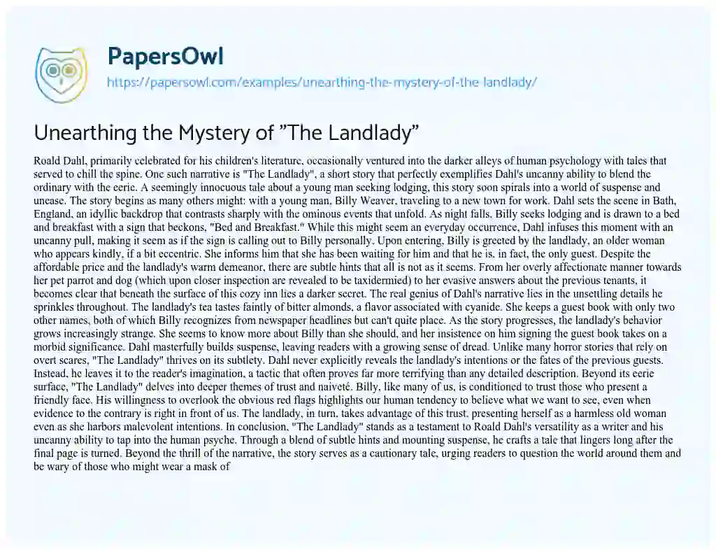 Essay on Unearthing the Mystery of “The Landlady”