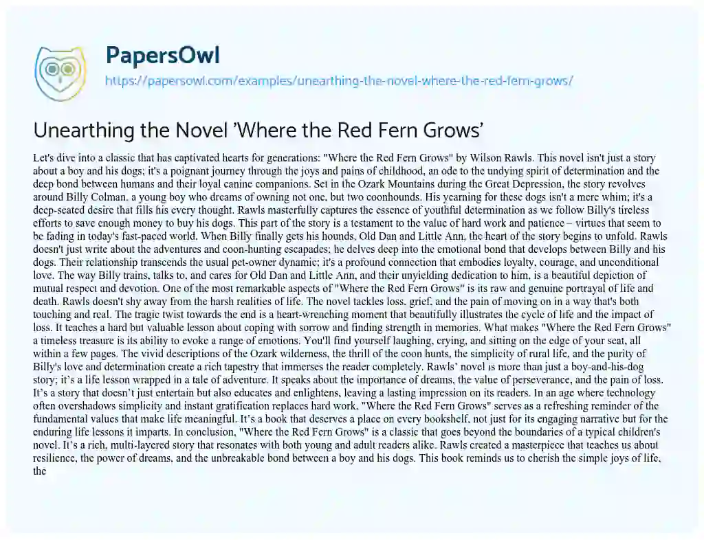 Essay on Unearthing the Novel ‘Where the Red Fern Grows’