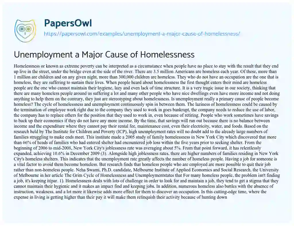 Essay on Unemployment a Major Cause of Homelessness