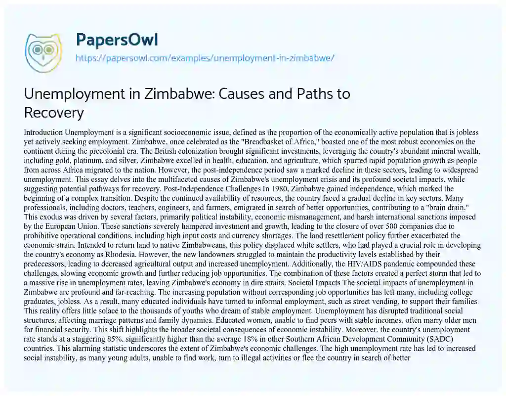 Essay on Unemployment in Zimbabwe