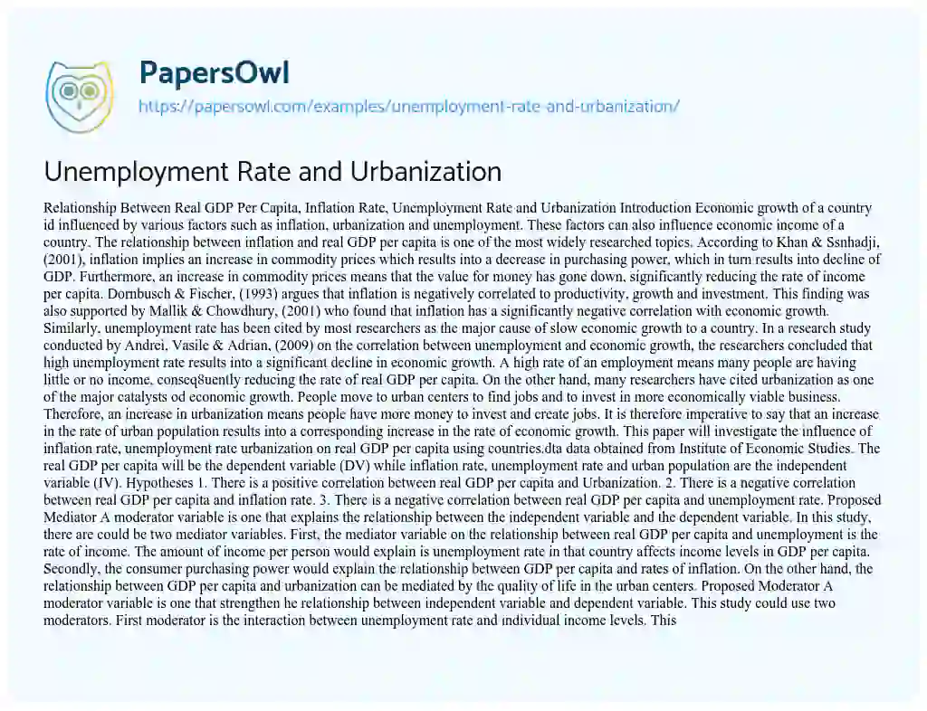 Unemployment Rate and Urbanization essay