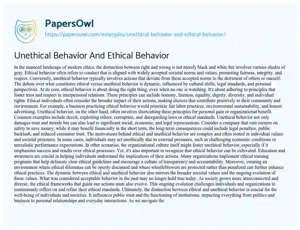 Essay on Unethical Behavior and Ethical Behavior