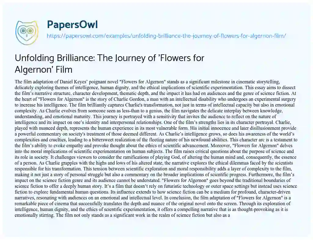Essay on Unfolding Brilliance: the Journey of ‘Flowers for Algernon’ Film