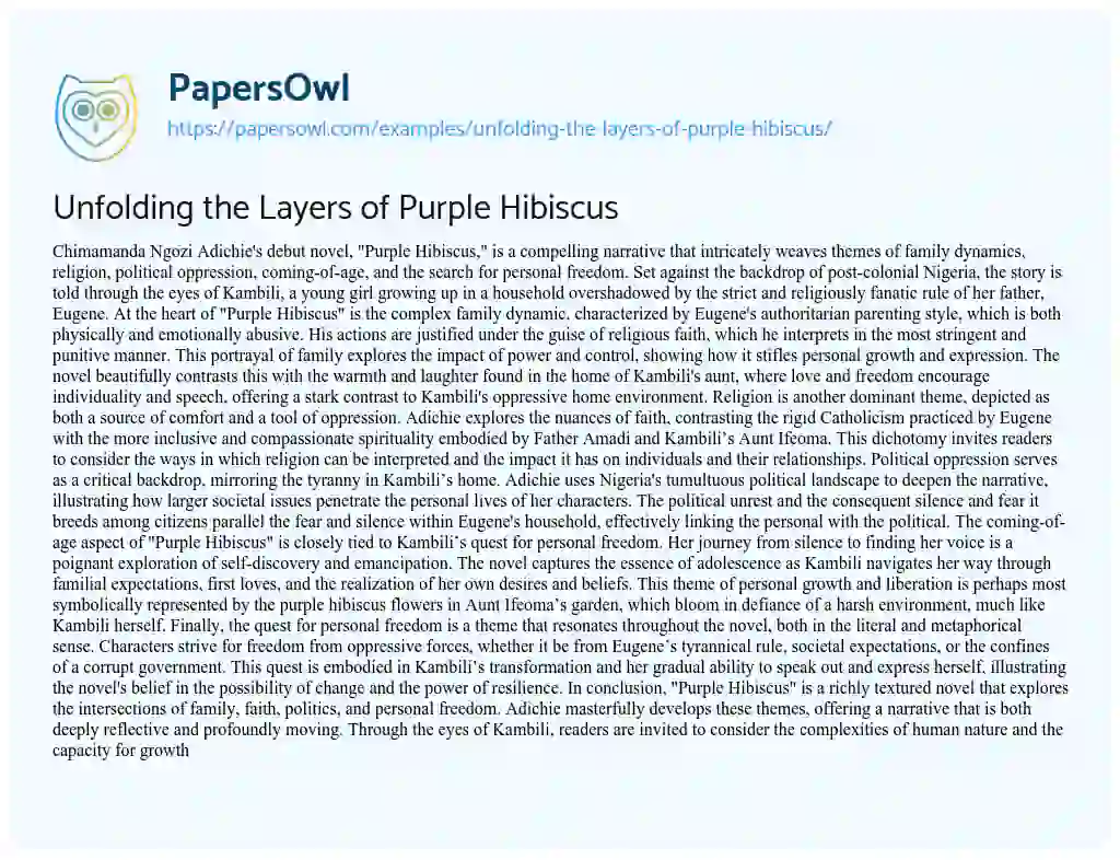 Essay on Unfolding the Layers of Purple Hibiscus