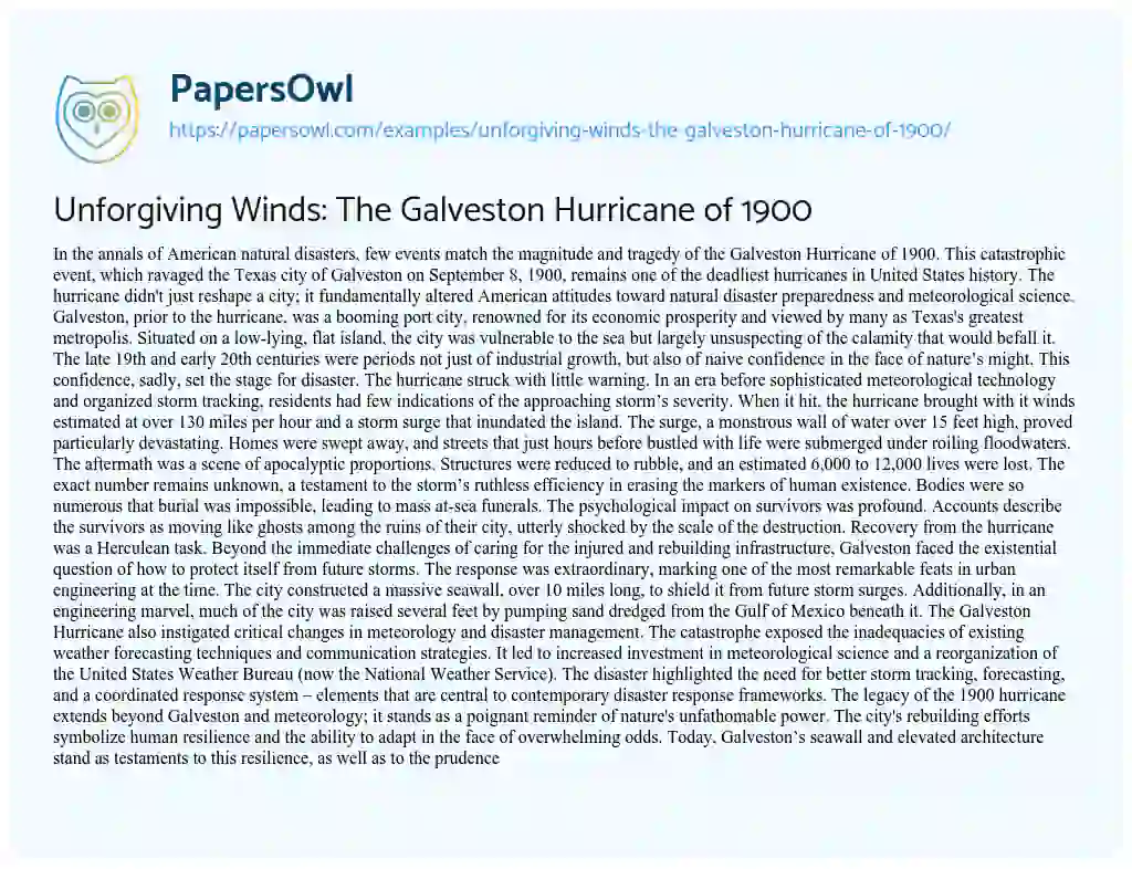 Essay on Unforgiving Winds: the Galveston Hurricane of 1900