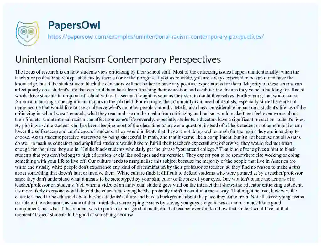 Essay on Unintentional Racism: Contemporary Perspectives