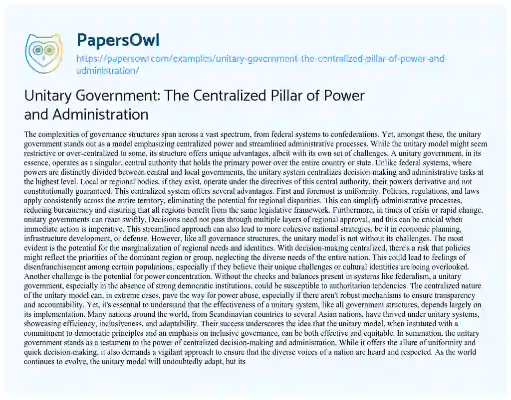 Essay on Unitary Government: the Centralized Pillar of Power and Administration