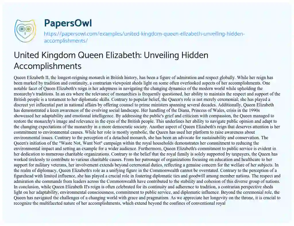 Essay on United Kingdom Queen Elizabeth: Unveiling Hidden Accomplishments