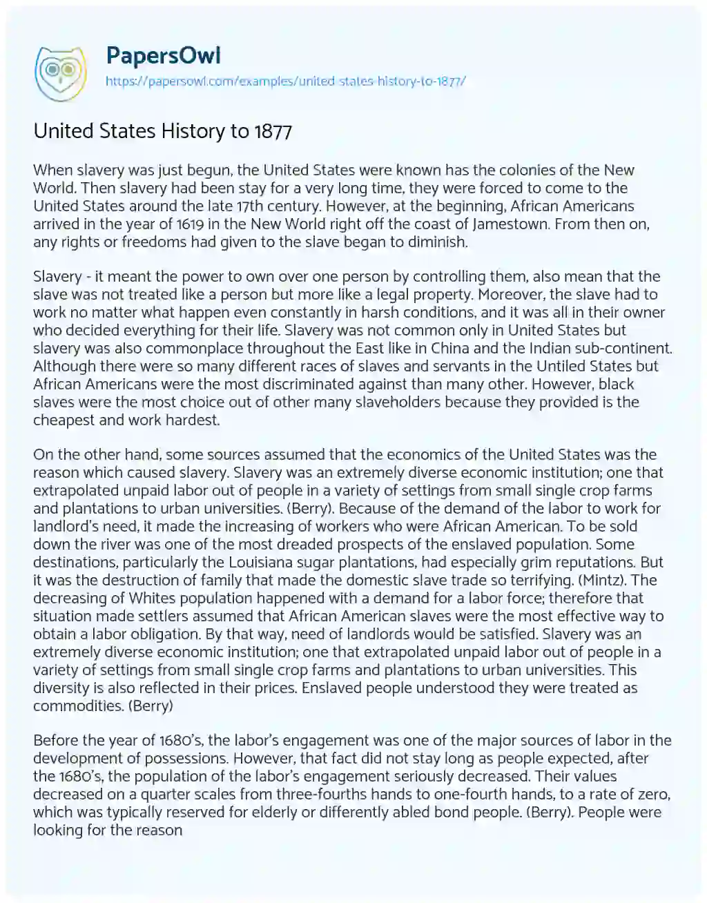 United States History to 1877 essay