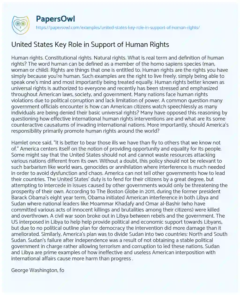 Essay on United States Key Role in Support of Human Rights