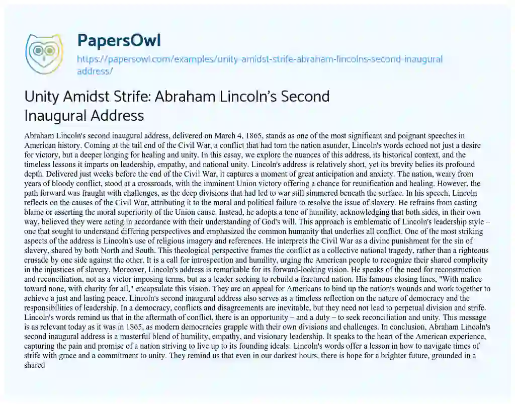 Essay on Unity Amidst Strife: Abraham Lincoln’s Second Inaugural Address