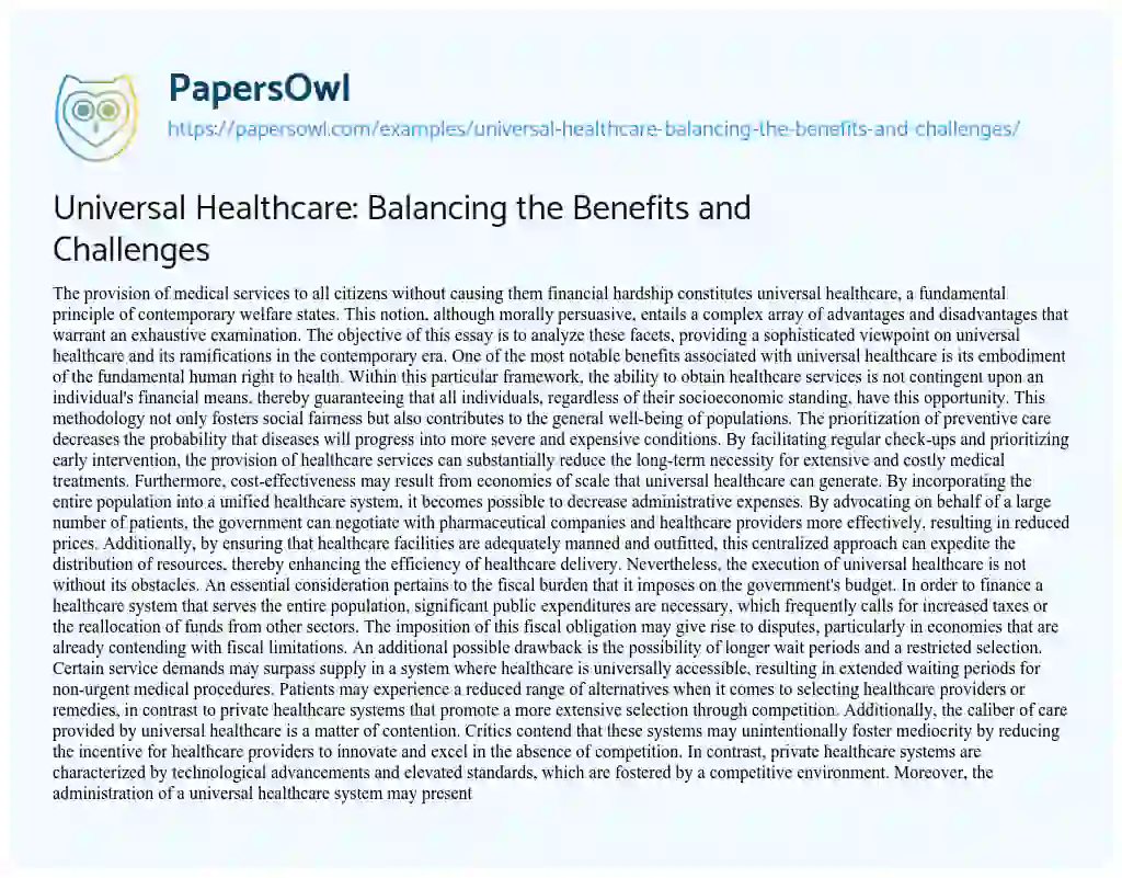 Essay on Universal Healthcare: Balancing the Benefits and Challenges