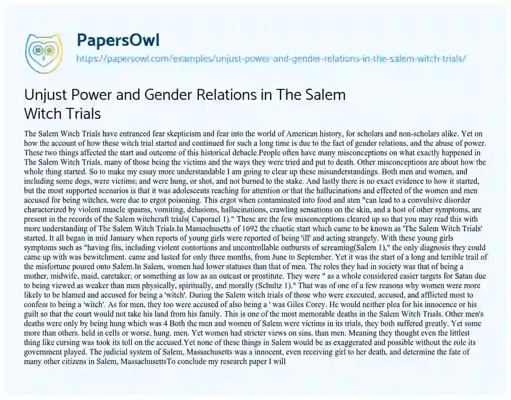 Unjust Power and Gender Relations in the Salem Witch Trials essay